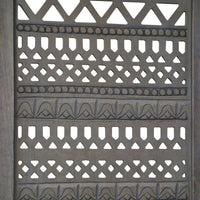 Karma 3 Panel Folding Room Divider Screen, Antique Gray Mango Wood, Inticate Cut out Geometric Design - UPT 310988