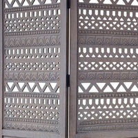 Karma 3 Panel Folding Room Divider Screen, Antique Gray Mango Wood, Inticate Cut out Geometric Design - UPT 310988