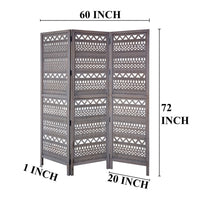 Karma 3 Panel Folding Room Divider Screen, Antique Gray Mango Wood, Inticate Cut out Geometric Design - UPT 310988