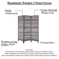 Karma 3 Panel Folding Room Divider Screen, Antique Gray Mango Wood, Inticate Cut out Geometric Design - UPT 310988