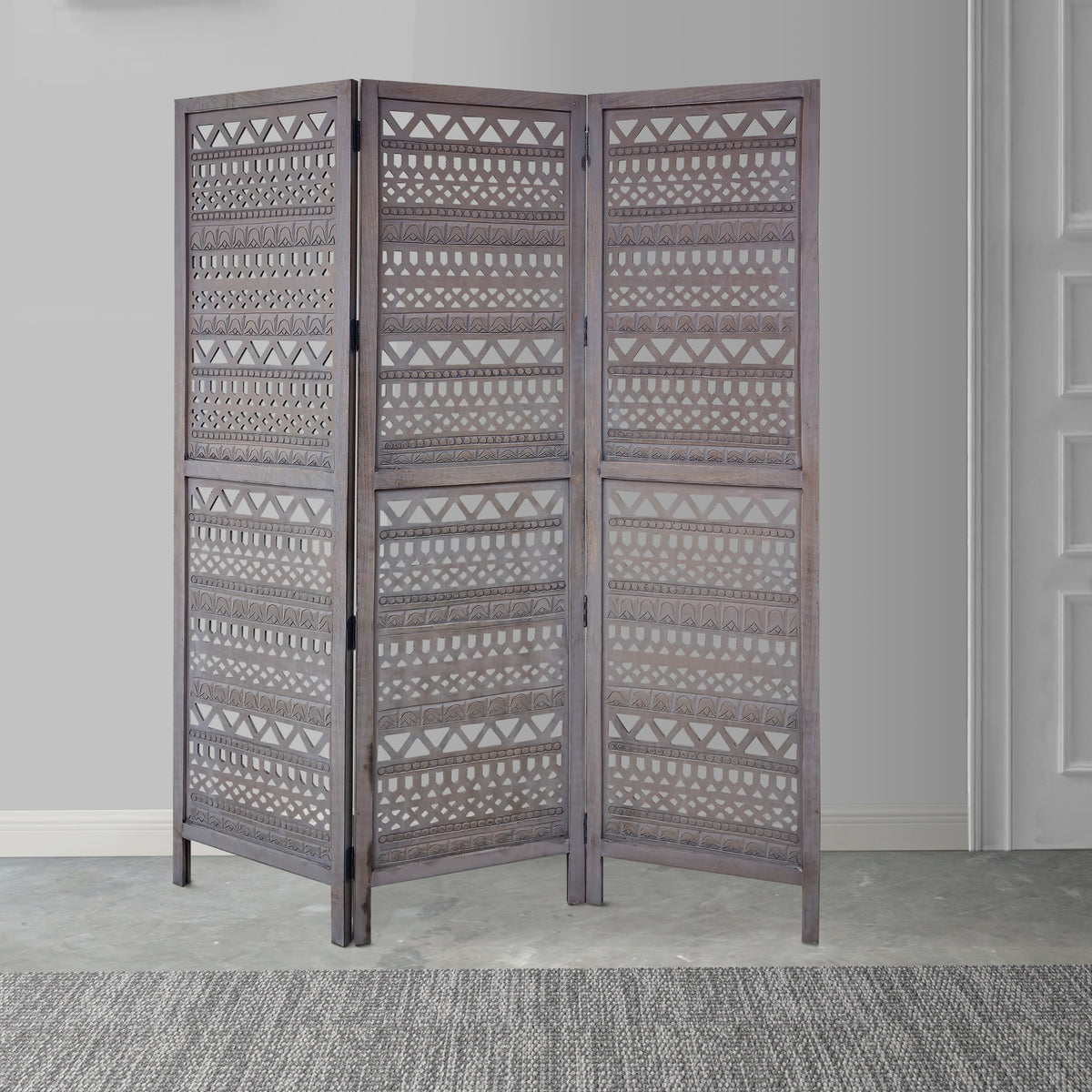 Karma 3 Panel Folding Room Divider Screen, Antique Gray Mango Wood, Inticate Cut out Geometric Design - UPT 310988