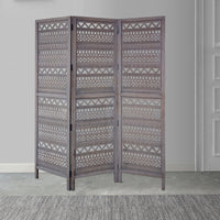 Karma 3 Panel Folding Room Divider Screen, Antique Gray Mango Wood, Inticate Cut out Geometric Design - UPT 310988