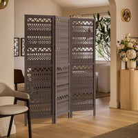 Karma 3 Panel Folding Room Divider Screen, Antique Gray Mango Wood, Inticate Cut out Geometric Design - UPT 310988