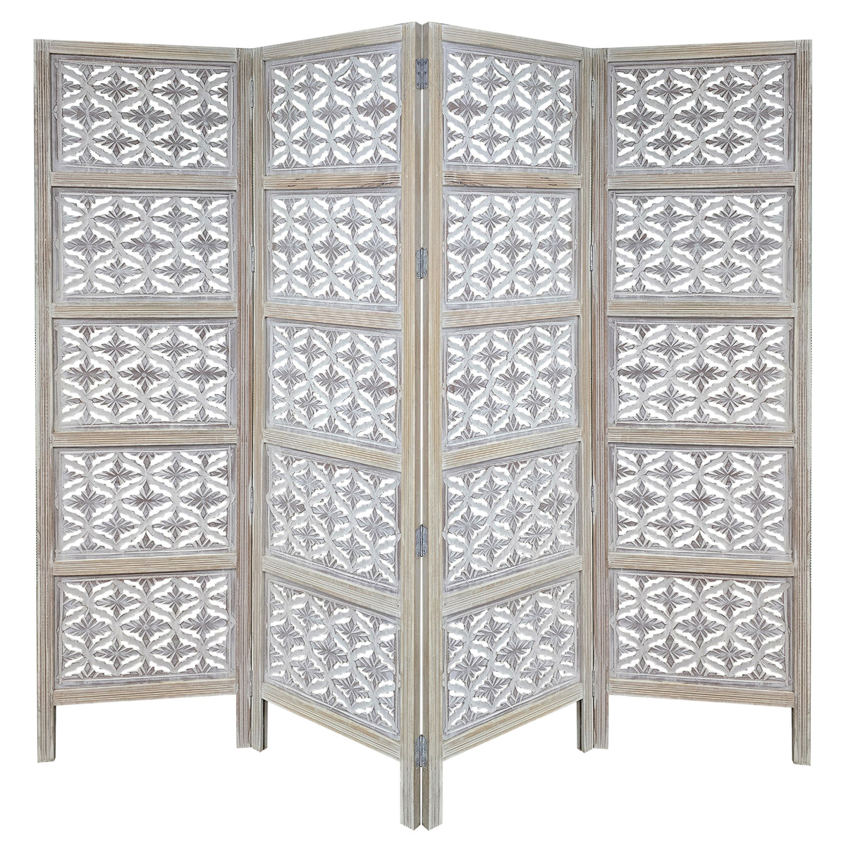 Taj 4 Panel Folding Room Divider Screen, Antique White Mango Wood, Floral Carved Design - UPT-310989