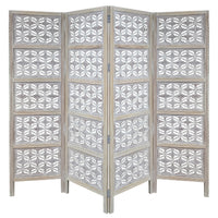 Taj 4 Panel Folding Room Divider Screen, Antique White Mango Wood, Floral Carved Design - UPT-310989