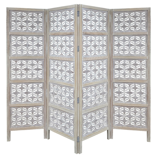 Taj 4 Panel Folding Room Divider Screen, Antique White Mango Wood, Floral Carved Design - UPT-310989