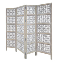 Taj 4 Panel Folding Room Divider Screen, Antique White Mango Wood, Floral Carved Design - UPT-310989