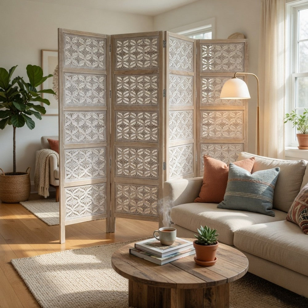 Taj 4 Panel Folding Room Divider Screen, Antique White Mango Wood, Floral Carved Design - UPT-310989