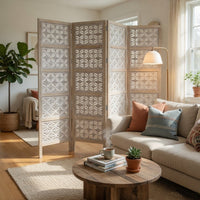 Taj 4 Panel Folding Room Divider Screen, Antique White Mango Wood, Floral Carved Design - UPT-310989
