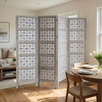 Taj 4 Panel Folding Room Divider Screen, Antique White Mango Wood, Floral Carved Design - UPT-310989