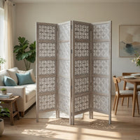 Taj 4 Panel Folding Room Divider Screen, Antique White Mango Wood, Floral Carved Design - UPT-310989