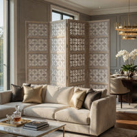 Taj 4 Panel Folding Room Divider Screen, Antique White Mango Wood, Floral Carved Design - UPT-310989