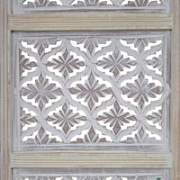 Taj 4 Panel Folding Room Divider Screen, Antique White Mango Wood, Floral Carved Design - UPT-310989