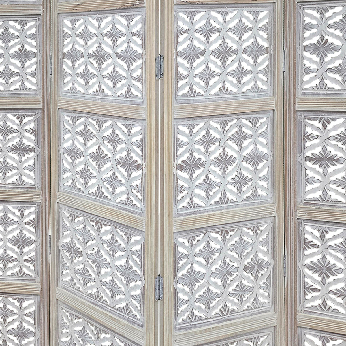 Taj 4 Panel Folding Room Divider Screen, Antique White Mango Wood, Floral Carved Design - UPT-310989