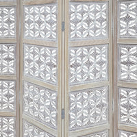 Taj 4 Panel Folding Room Divider Screen, Antique White Mango Wood, Floral Carved Design - UPT-310989