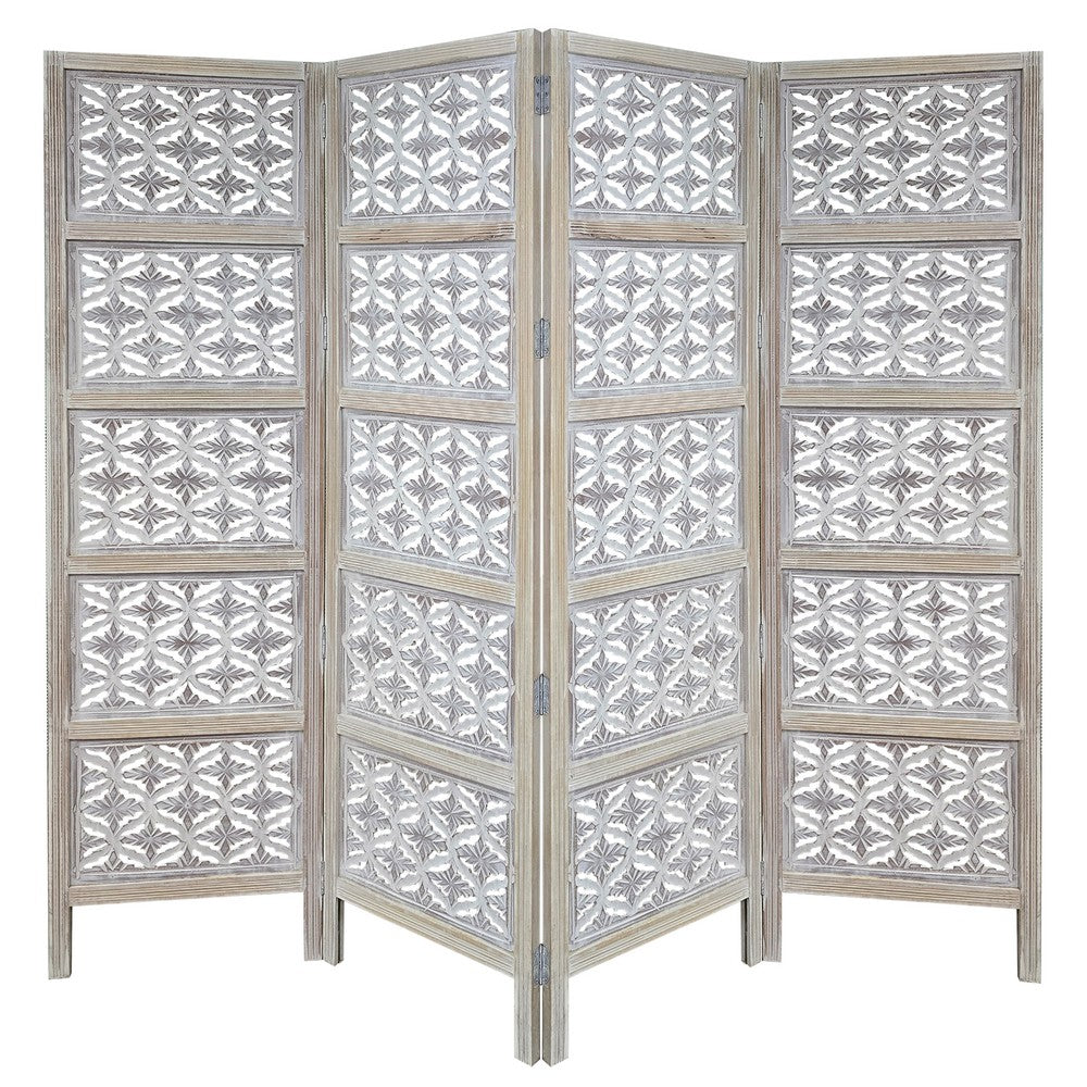 Taj 4 Panel Folding Room Divider Screen, Antique White Mango Wood, Floral Carved Design - UPT-310989