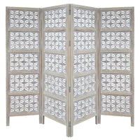 Taj 4 Panel Folding Room Divider Screen, Antique White Mango Wood, Floral Carved Design - UPT-310989