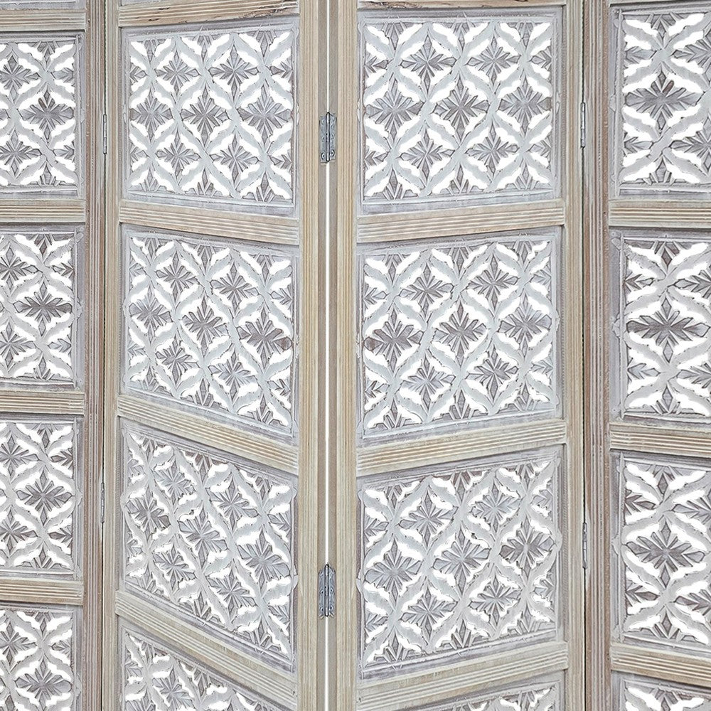 Taj 4 Panel Folding Room Divider Screen, Antique White Mango Wood, Floral Carved Design - UPT-310989