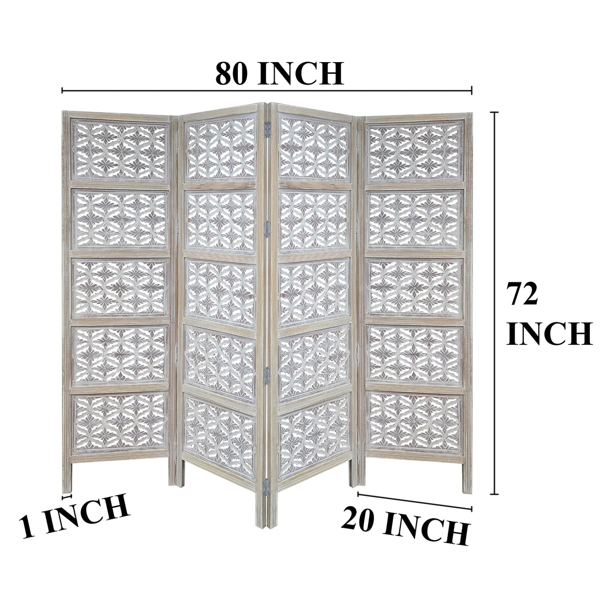 Taj 4 Panel Folding Room Divider Screen, Antique White Mango Wood, Floral Carved Design - UPT-310989