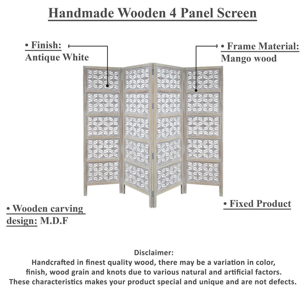 Taj 4 Panel Folding Room Divider Screen, Antique White Mango Wood, Floral Carved Design - UPT-310989