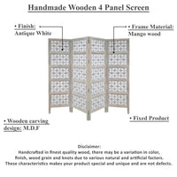 Taj 4 Panel Folding Room Divider Screen, Antique White Mango Wood, Floral Carved Design - UPT-310989