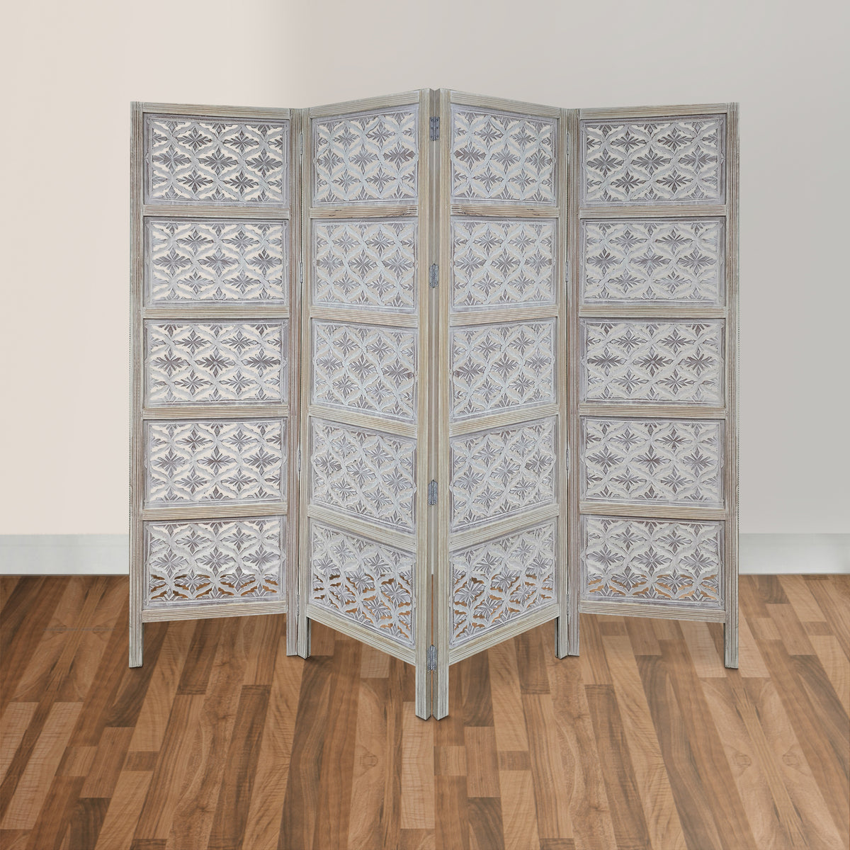 Taj 4 Panel Folding Room Divider Screen, Antique White Mango Wood, Floral Carved Design - UPT-310989