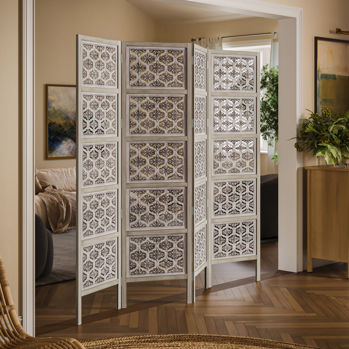 Taj 4 Panel Folding Room Divider Screen, Antique White Mango Wood, Floral Carved Design - UPT-310989