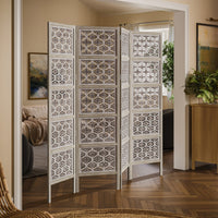 Taj 4 Panel Folding Room Divider Screen, Antique White Mango Wood, Floral Carved Design - UPT-310989