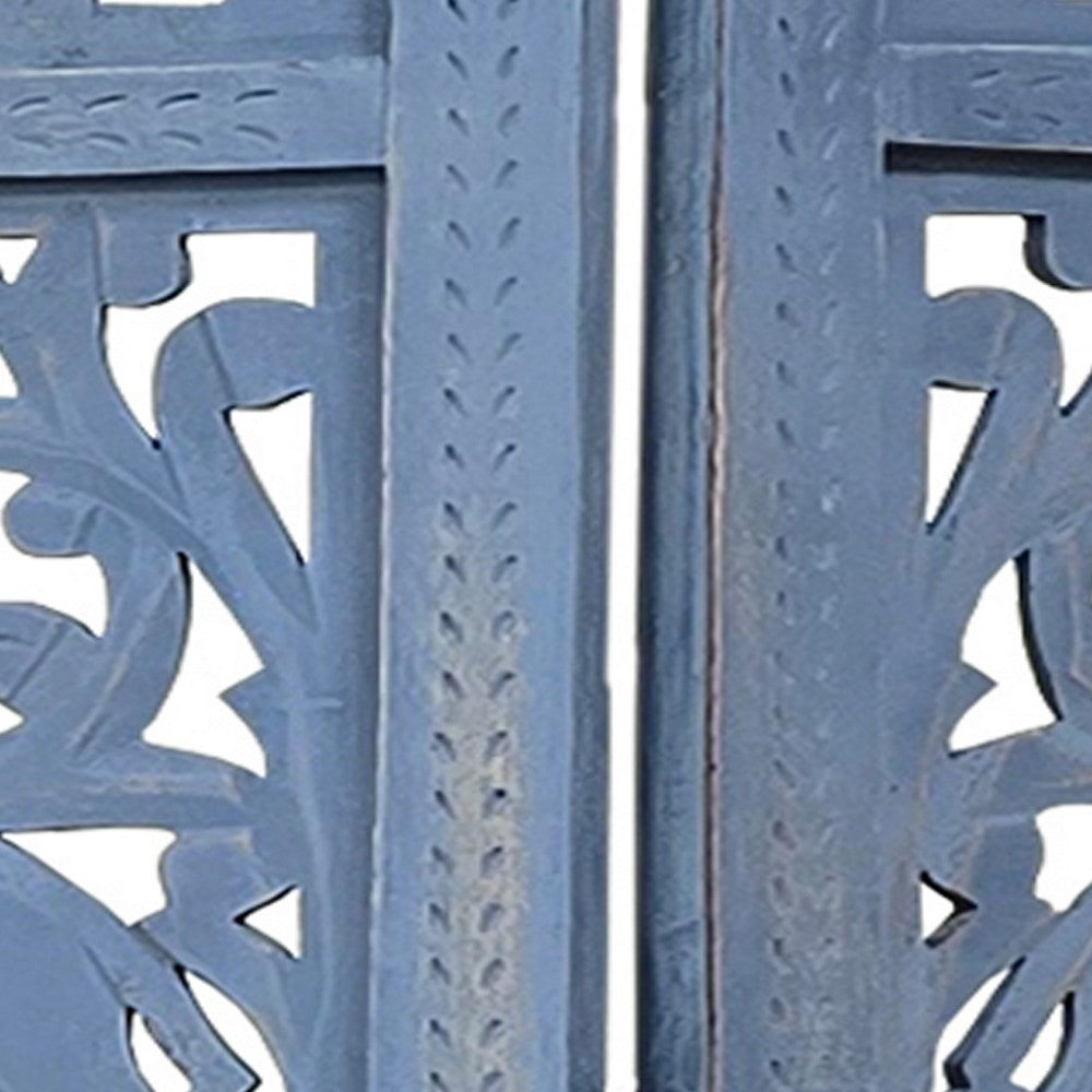 Jumbo 4 Panel Folding Room Divider Screen, Antique Blue Mango Wood, Elephant Motif Carved Design - UPT-310990