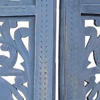 Jumbo 4 Panel Folding Room Divider Screen, Antique Blue Mango Wood, Elephant Motif Carved Design - UPT-310990