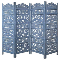 Jumbo 4 Panel Folding Room Divider Screen, Antique Blue Mango Wood, Elephant Motif Carved Design - UPT-310990