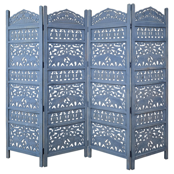 Jumbo 4 Panel Folding Room Divider Screen, Antique Blue Mango Wood, Elephant Motif Carved Design - UPT-310990