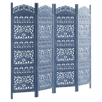 Jumbo 4 Panel Folding Room Divider Screen, Antique Blue Mango Wood, Elephant Motif Carved Design - UPT-310990