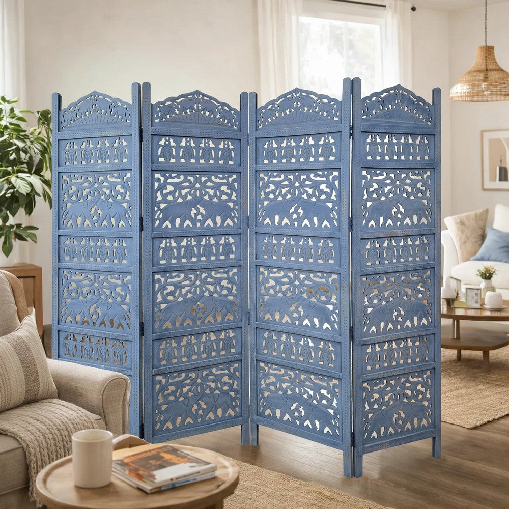 Jumbo 4 Panel Folding Room Divider Screen, Antique Blue Mango Wood, Elephant Motif Carved Design - UPT-310990