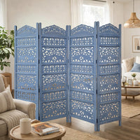 Jumbo 4 Panel Folding Room Divider Screen, Antique Blue Mango Wood, Elephant Motif Carved Design - UPT-310990
