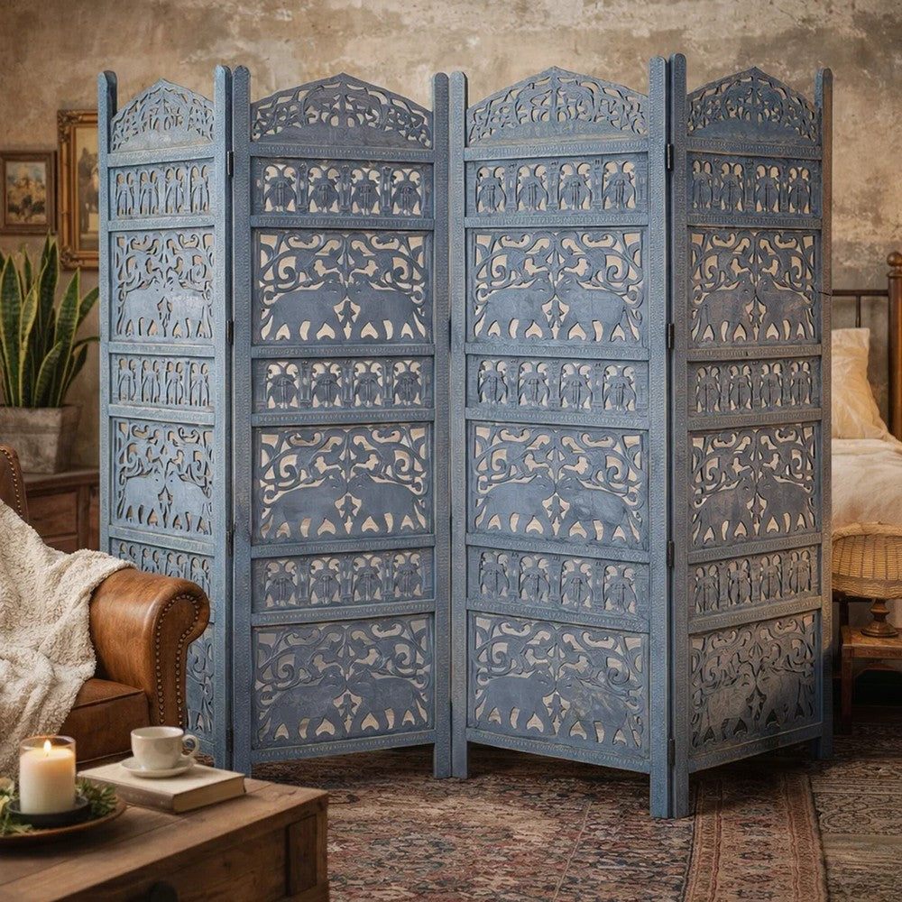Jumbo 4 Panel Folding Room Divider Screen, Antique Blue Mango Wood, Elephant Motif Carved Design - UPT-310990