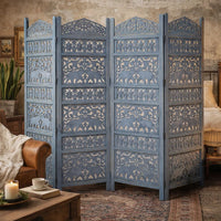 Jumbo 4 Panel Folding Room Divider Screen, Antique Blue Mango Wood, Elephant Motif Carved Design - UPT-310990