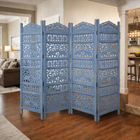 Jumbo 4 Panel Folding Room Divider Screen, Antique Blue Mango Wood, Elephant Motif Carved Design - UPT-310990