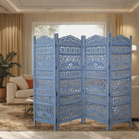 Jumbo 4 Panel Folding Room Divider Screen, Antique Blue Mango Wood, Elephant Motif Carved Design - UPT-310990