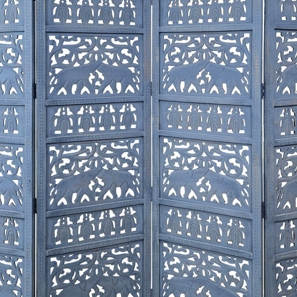 Jumbo 4 Panel Folding Room Divider Screen, Antique Blue Mango Wood, Elephant Motif Carved Design - UPT-310990