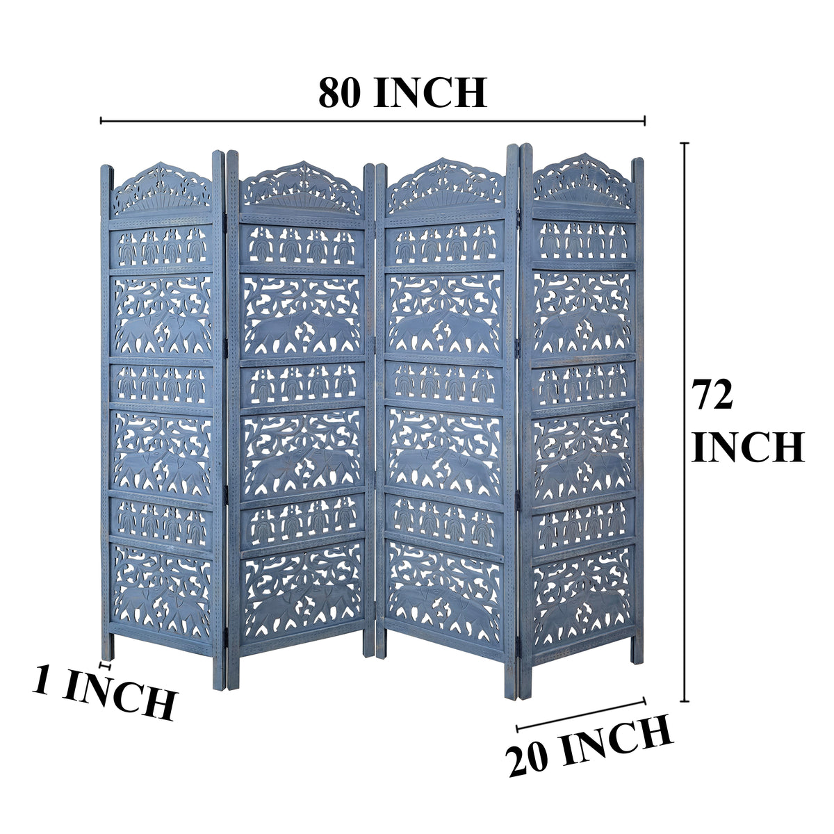 Jumbo 4 Panel Folding Room Divider Screen, Antique Blue Mango Wood, Elephant Motif Carved Design - UPT-310990