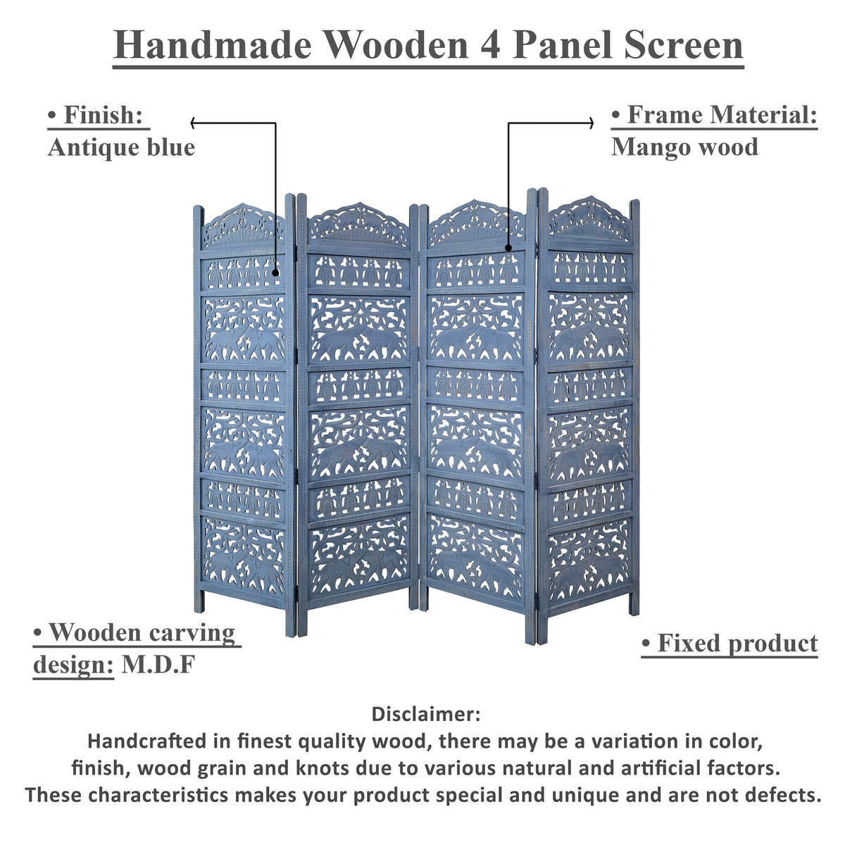 Jumbo 4 Panel Folding Room Divider Screen, Antique Blue Mango Wood, Elephant Motif Carved Design - UPT-310990