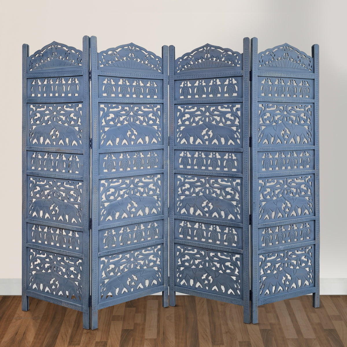 Jumbo 4 Panel Folding Room Divider Screen, Antique Blue Mango Wood, Elephant Motif Carved Design - UPT-310990