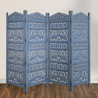 Jumbo 4 Panel Folding Room Divider Screen, Antique Blue Mango Wood, Elephant Motif Carved Design - UPT-310990