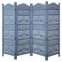 Jumbo 4 Panel Folding Room Divider Screen, Antique Blue Mango Wood, Elephant Motif Carved Design - UPT-310990