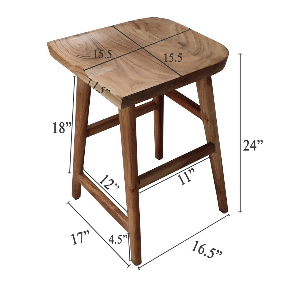 Tisa 24 Inch Backless Counter Height Stool, Handcrafted Saddle Seat in Natural Brown Acacia Wood - UPT-314298