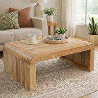 Cascade 36 Inch Coffee Table, Handcrafted Natural Acacia Wood, Rectangular Curved Waterfall Top - UPT-314336