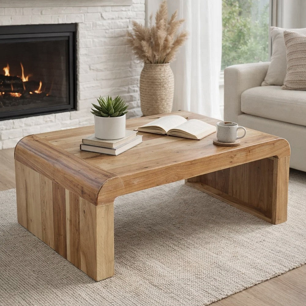 Cascade 36 Inch Coffee Table, Handcrafted Natural Acacia Wood, Rectangular Curved Waterfall Top - UPT-314336