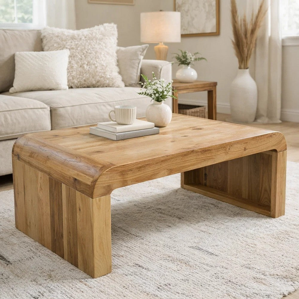 Cascade 36 Inch Coffee Table, Handcrafted Natural Acacia Wood, Rectangular Curved Waterfall Top - UPT-314336