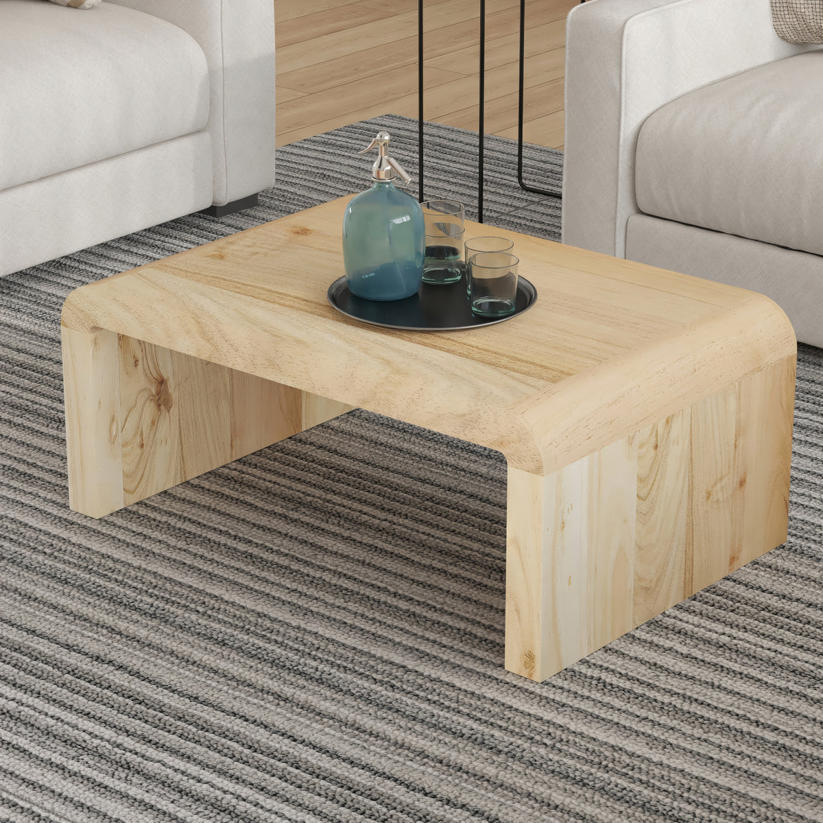 Cascade 36 Inch Coffee Table, Handcrafted Natural Acacia Wood, Rectangular Curved Waterfall Top - UPT-314336